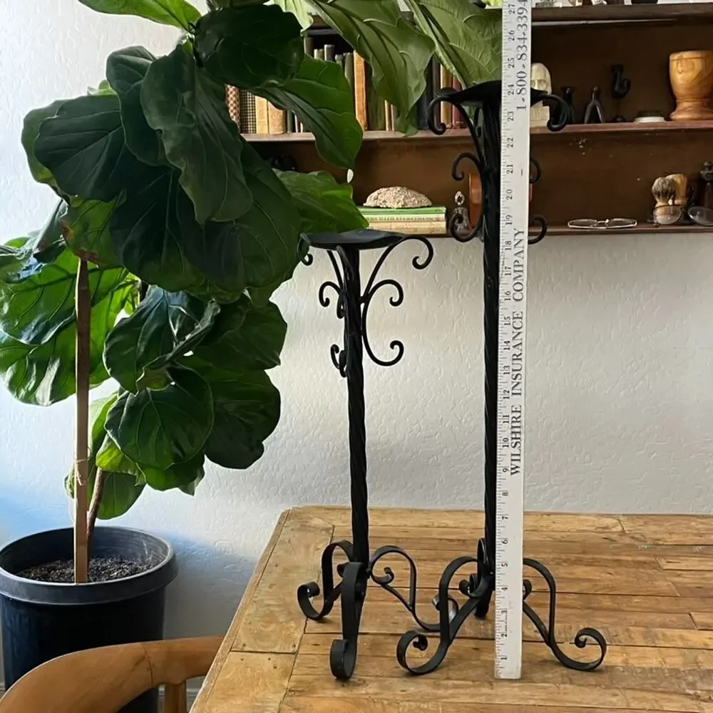 Vintage Black Metal Scroll Candle Holders Stand